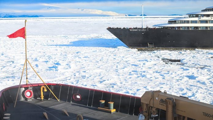 Cruise ship trapped in heavy sea ice is rescued by US Coast Guard vessel