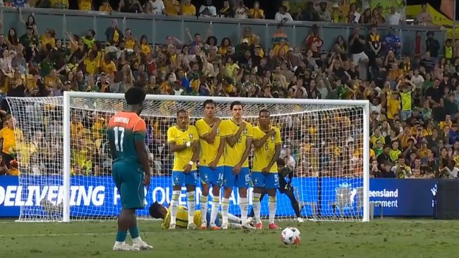 Socceroos superstar Nestory Irankunda stuns Brazil with epic free kick in pulsating draw